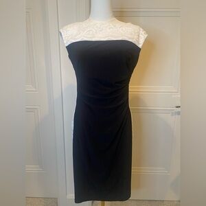 Ralph Lauren Black Sheath Midi Dress Cap Sleeve White Lace Detail NWT Size 6